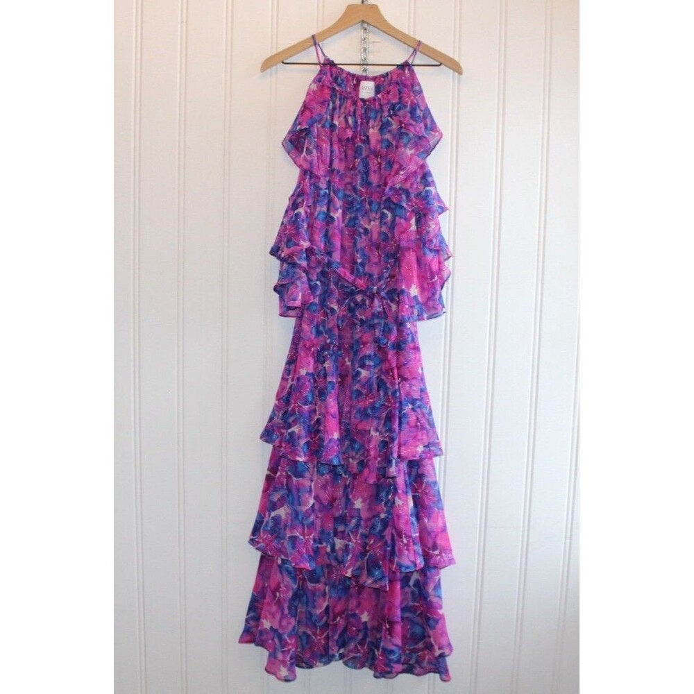 MISA Paradis Maxi Dress Medium Pink Blue Floral Tiered Ruffle Halter Boho‎